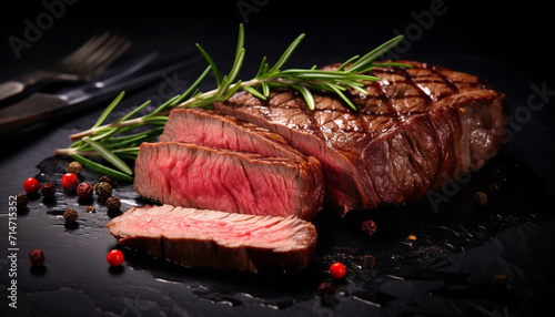 Grilled filet steaks with herbs and spices on dark slate background. Deliciously juicy ribeye steak slices, close up view. Fresh grilled meat. Steak medium rare with rosemary and pepper on black board