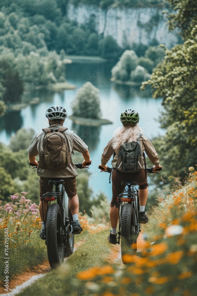 Rear view of a couple riding mountain bikes in the nature.