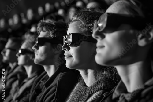 Group of people watching movie in cinema. Black and white photo.