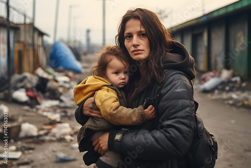Sad refugee woman with small child