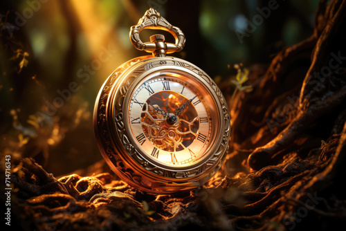 Vintage pocket watch on the background of the forest. Time concept