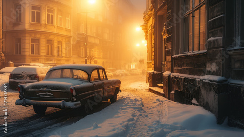 Vintage car in the street of Prague in winter. Czech Republic in Europe.