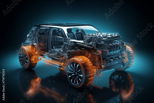 3D illustration of SUV car with x-ray effect and powertrain system. Generative AI photo
