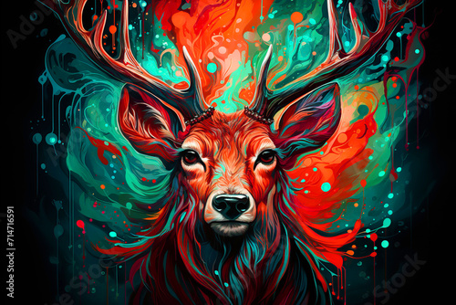 multicolored neon portrait of a deer looking forward, in the style of pop art on a black background.
