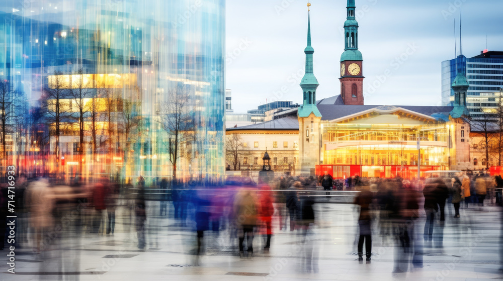 Blurred people walking in front of Hamburg Hauptbahnhof. - obrazy, fototapety, plakaty 