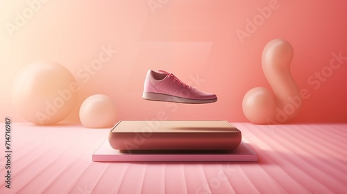 A pink sneakers floating in the air.  photo
