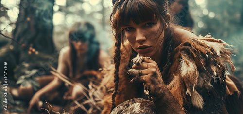 Cavewoman in field collecting food in prehistoric jungle. Photorealistic.