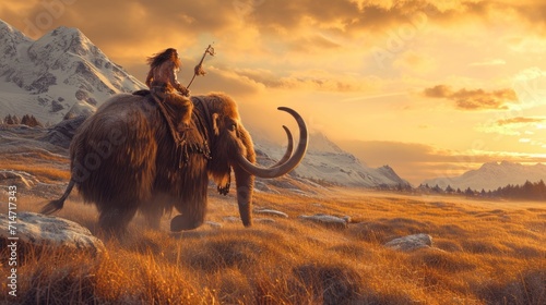 A warrior riding a mammoth in wild prehistoric times. Fantasy and surreal. photo