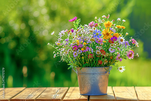 A bouquet of wildflowers on the table in an aluminum bucket. Copy space