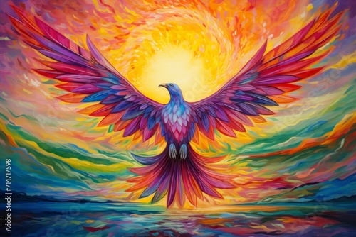 Vibrant rainbow phoenixes, soaring through the skies with radiant plumage - Generative AI photo