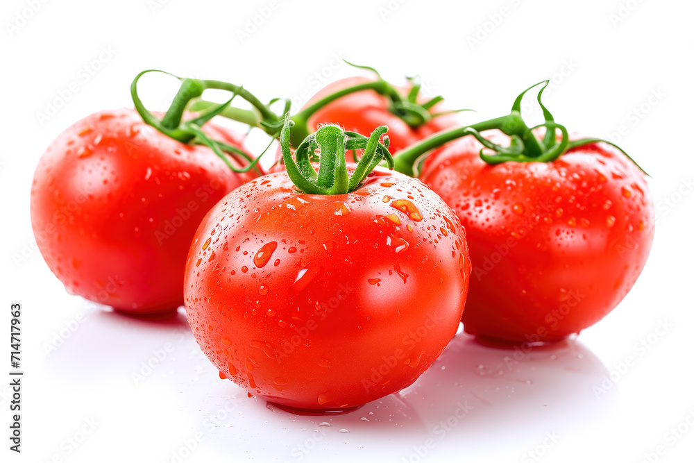 Fresh, Ripe Tomatoes with Water Droplets on a White Background Fresh, Ripe Tomatoes with Water Droplets on a White Background
