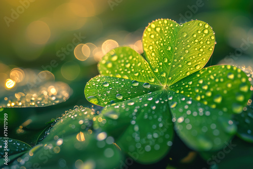 Morning Dew on Vibrant Four-Leaf Clover Close-Up