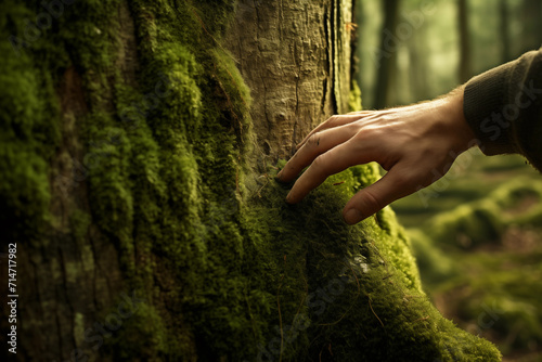 Hand on mossy trunk of tree trunk in the wild forest. Forest ecology. Wild nature, wild life © khozainuz