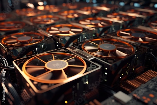 Close-up view of bitcoin miner device in a crypto mining farm. Photorealistic.