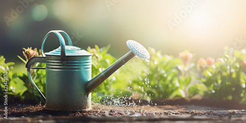 Metal watering can with water drops standing on earth on flowerbed or gardenbed in hot summer day outdoor photo
