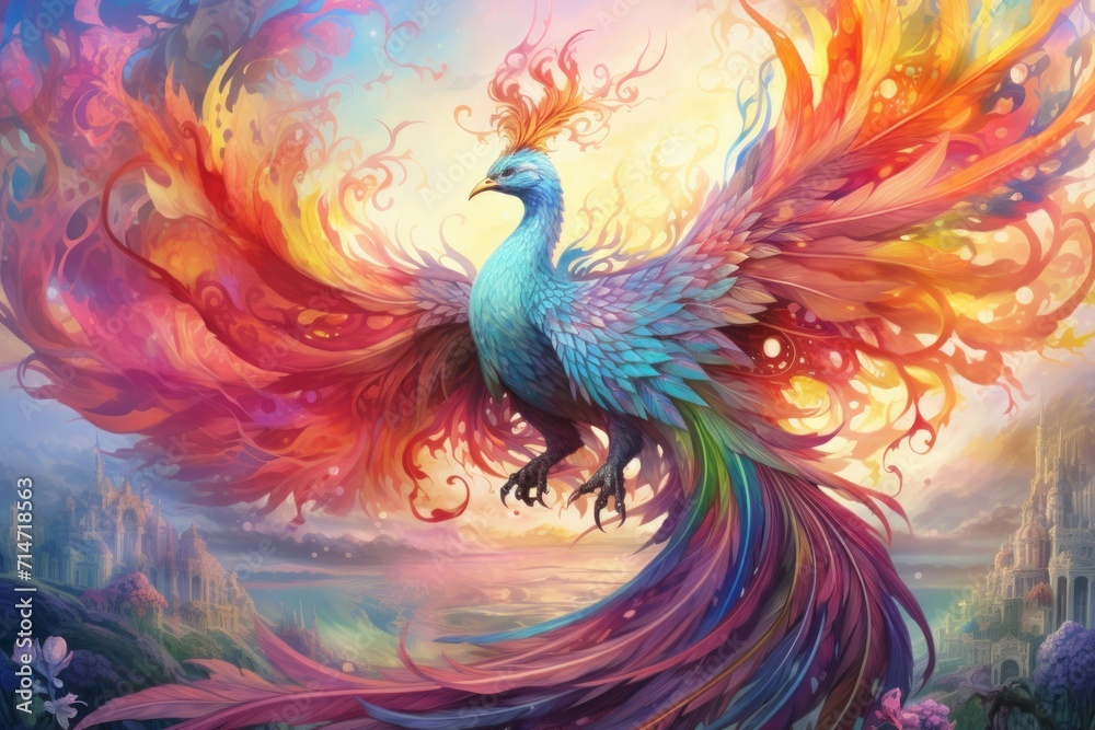 Vibrant rainbow phoenixes, soaring through the skies with radiant plumage - Generative AI Vibrant rainbow phoenixes, soaring through the skies with radiant plumage - Generative AI