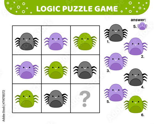 Logic puzzle game with spiders. Squishmallow. For kids. Cartoon, kawaii, vector