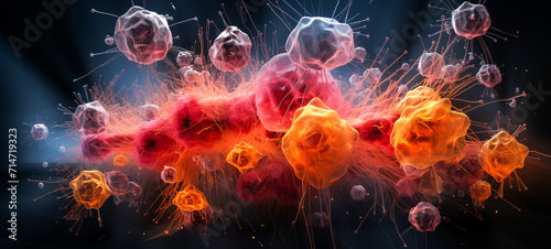Concept of cancer cells attacking healthy body cells, world blood cancer day #714719323