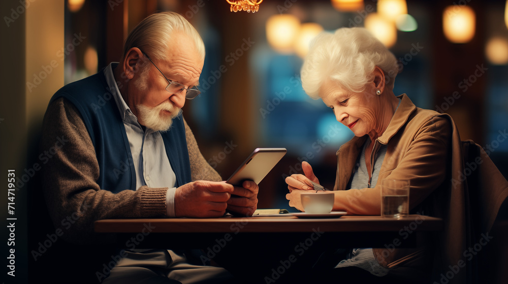 An old couple in a restaurant, uses her mobile phone or tablet. Senior man and woman sitting at a restaurant table and use their gadgets. 