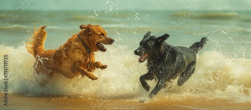 Two canines, one ebony and one golden caramel, frolic together on the sandy shore, amidst the waves. photo