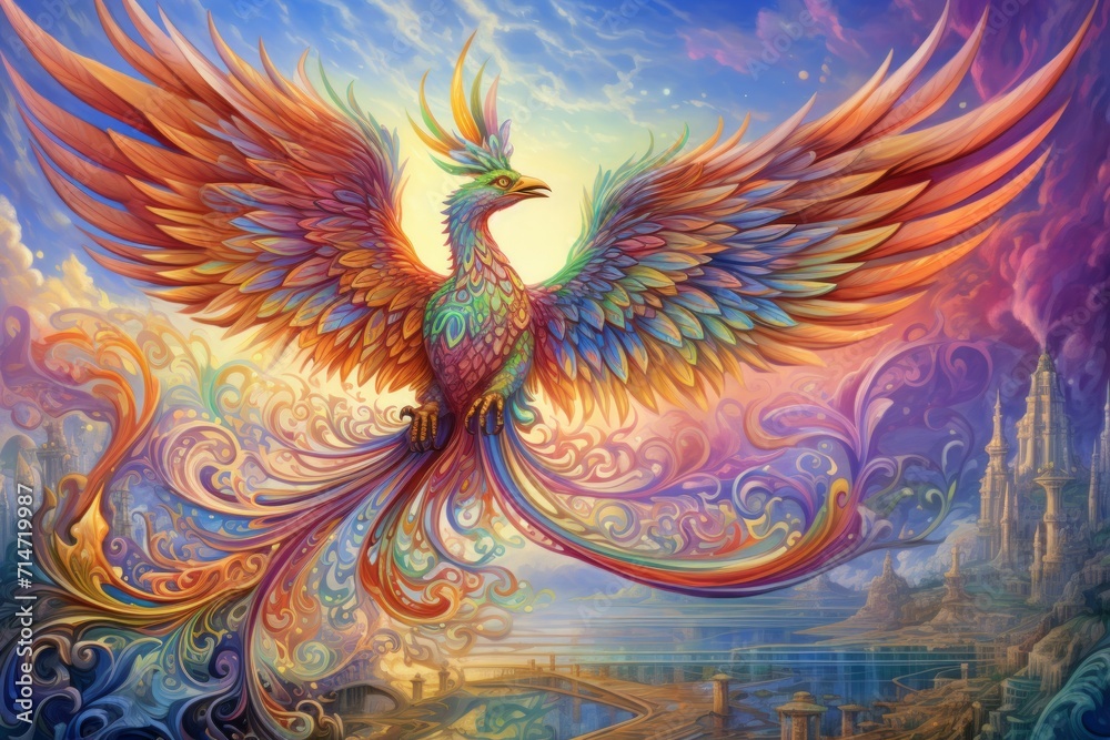 Obraz premium Vibrant rainbow phoenixes, soaring through the skies with radiant plumage - Generative AI