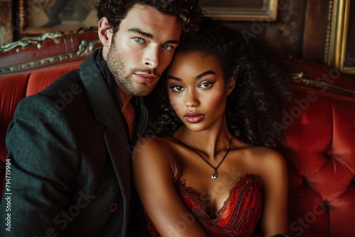 Portrait of a beautiful young couple in red lingerie in a luxury interior.