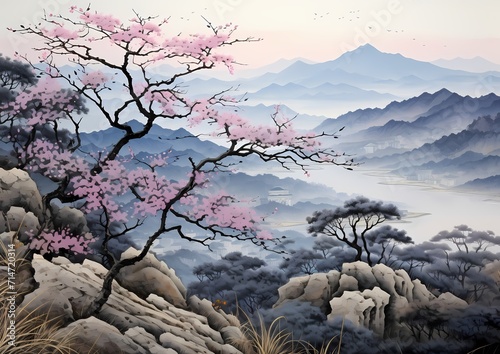 Japanese traditional painting style with mountain and nature.  © Kornkanok