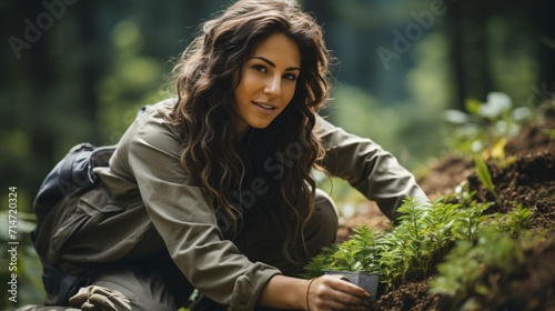 a young woman planting a small tree, earth day concept