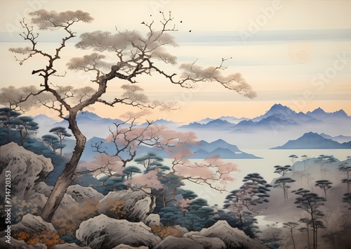 Japanese traditional painting style with mountain and nature. 