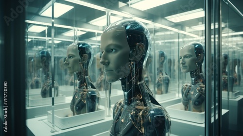 Close-up of a human-shaped robot with mechanic structure and futuristic look.