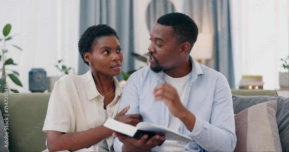 Bible, reading and black couple on sofa with spiritual faith, worship and conversation in home. Religion, marriage and gospel, christian man and woman on couch together with holy book, love and trust Bible, reading and black couple on sofa with spiritual faith, worship and conversation in home. Religion, marriage and gospel, christian man and woman on couch together with holy book, love and trust