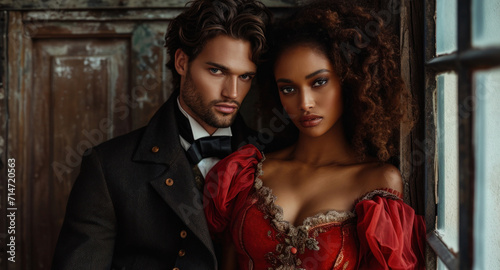 Portrait of a beautiful African-American couple in red dresses.
