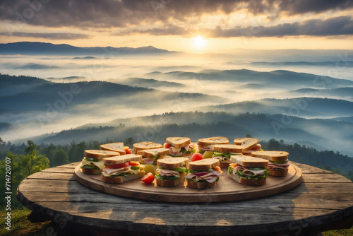 sandwiches on a round table on the edge of the mountains with a view of the forest at sunrise and light mist