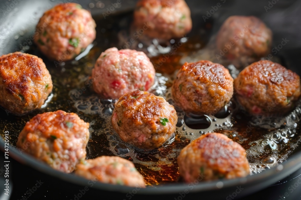 Meatballs cooking in a frying pan Meatballs cooking in a frying pan