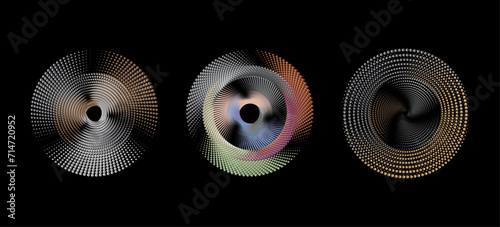 A spiral dots abstract vector illustration pattern backdrop in a metallic hue against a sleek black background. This design element is perfect for frames, circular logos, signs, symbols, and prints.