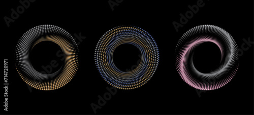 A spiral dots abstract vector illustration pattern backdrop in a metallic hue against a sleek black background. This design element is perfect for frames, circular logos, signs, symbols, and prints.