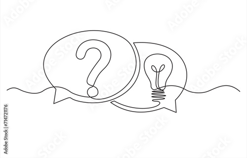Hand drawn one line vector. Quick tips. Continuous one line drawing of question mark, light bulb and speech bubbles. Trendy line art vector on a white background. Vector illustration