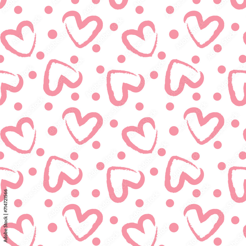 Cute pink hearts seamless pattern. Repeated round dots and hearts drawn by hand. Cute seamless pattern. Endless girly print. Vector illustration. Cute pink hearts seamless pattern. Repeated round dots and hearts drawn by hand. Cute seamless pattern. Endless girly print. Vector illustration.