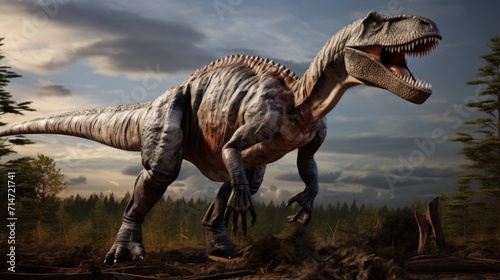 Dinosaur stands in prehistoric environment. Photorealistic. © Joyce