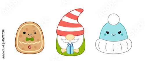 Gingerbread man, Christmas dwarf, blue hat. Squishmallow. Pillow. Cartoon, kawaii, vector