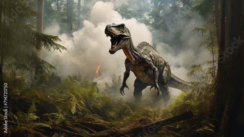Dinosaur stands in prehistoric environment. Photorealistic. © Joyce