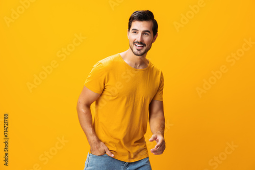 Yellow man studio lifestyle laughing trendy gesture arm smiling style fashion space portrait background copy © SHOTPRIME STUDIO
