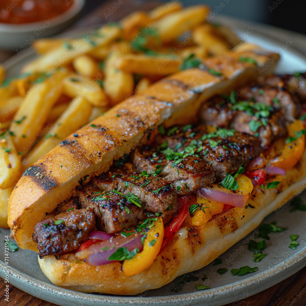 Sandwich Brötchen mit leckeren Steak in Gemüse und Pommes Frites ...