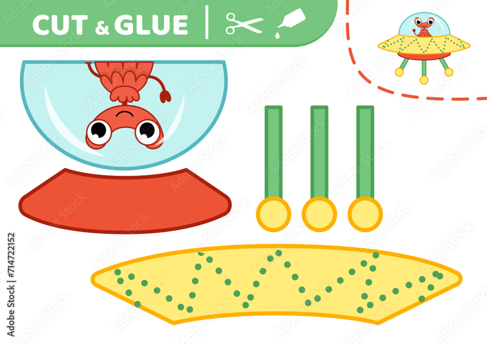 Red alien in yellow flying saucer. Cut and glue. UFO. Applique. Paper game. Vector