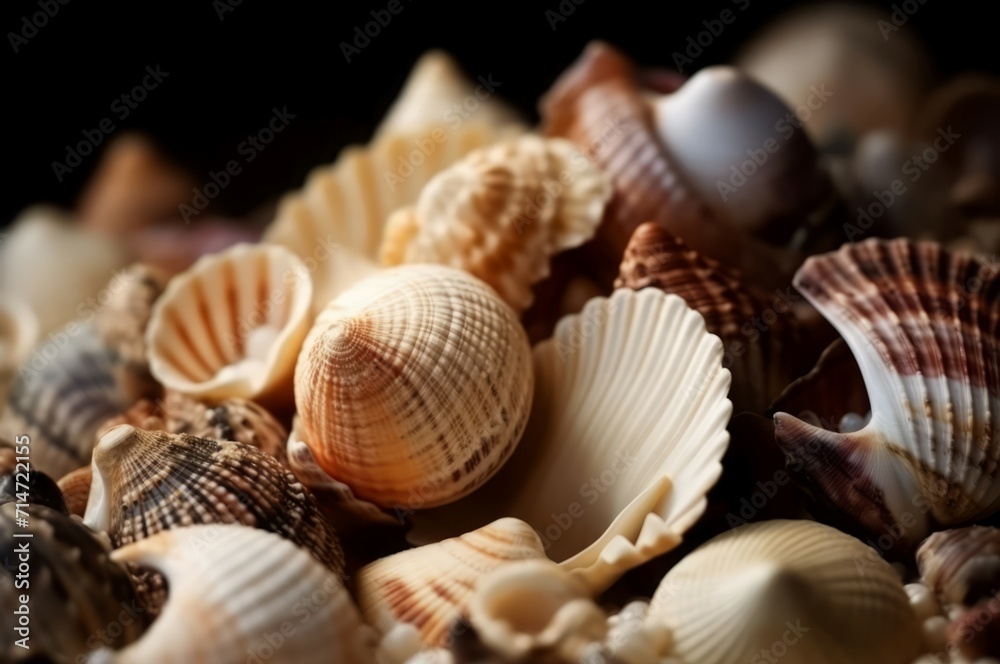 Seashells ocean closeup photo studio. Marine spiral snail travel art. Generate Ai