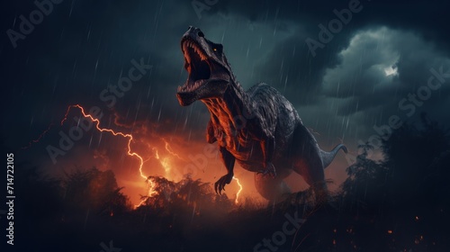 Dinosaur stands in lightning storm in prehistoric environment. Photorealistic.