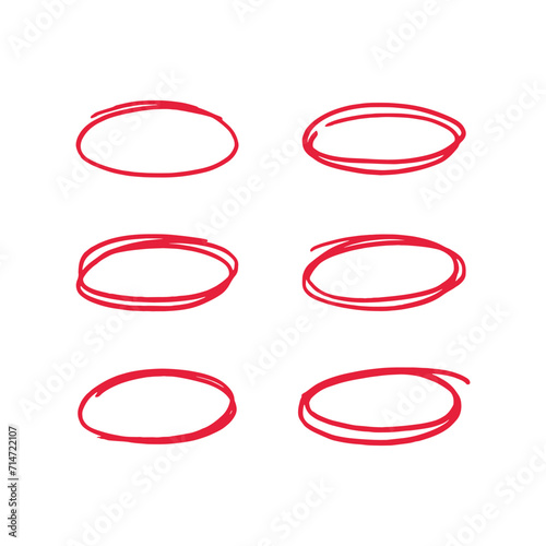 Hand drawn red scribble ellipses set. Marker round doodle elements.