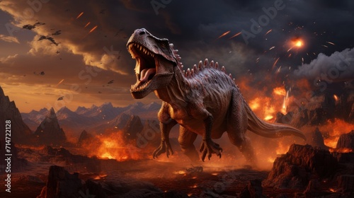 Dinosaur in fire flame in a burning forest. Photorealistic.