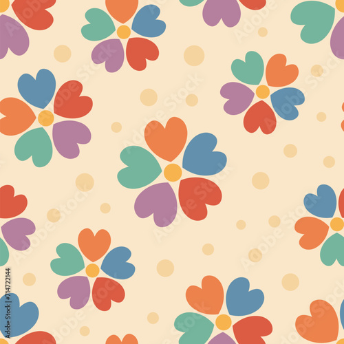 Retro multicolor floral seamless pattern with abstract flowers and polka dot