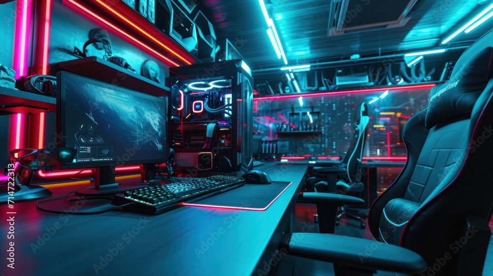 Cyberpunk futuristic style work space illustration.